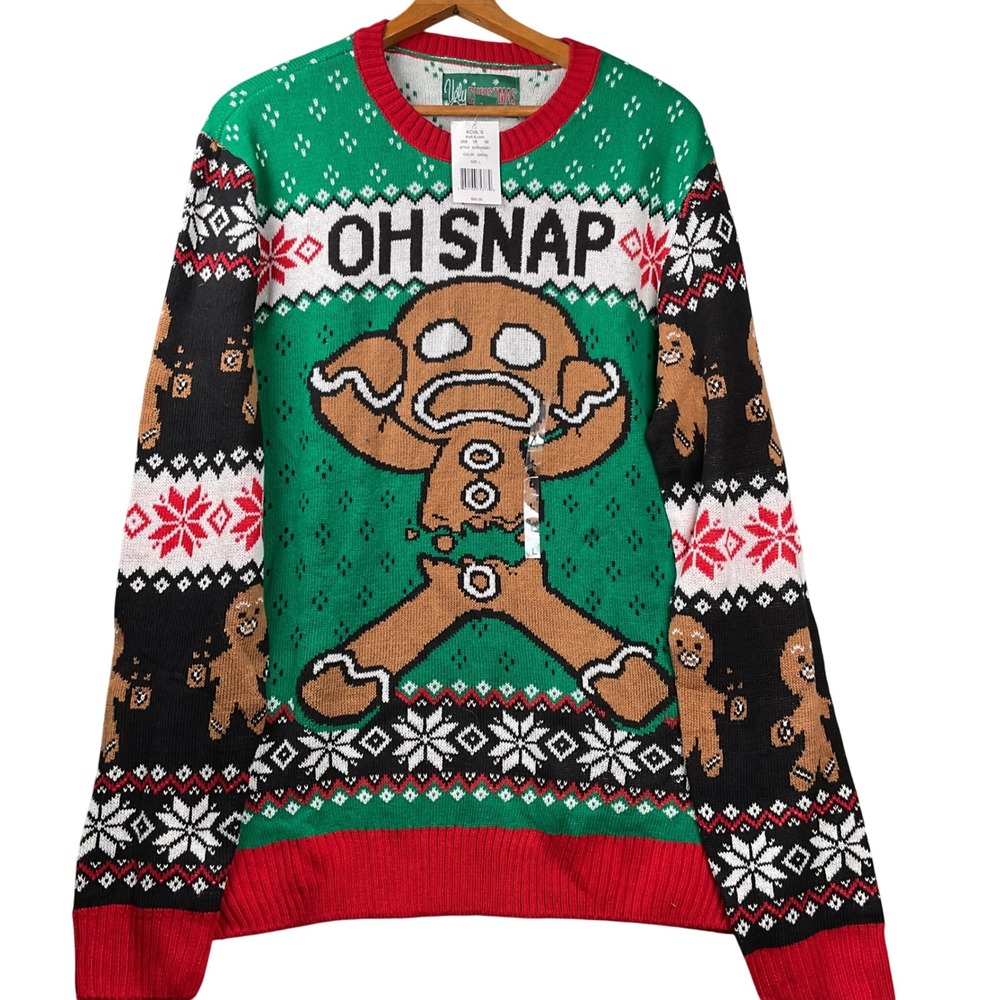 Ugly Christmas Sweater Gingerbread Oh Snap Mens Large Green Fair Isle Novelty